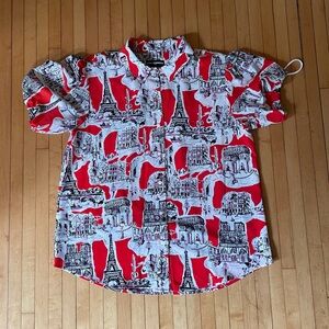 Karl Lagerfeld Paris Button-Up Shirt With Red & Black Parisian Print Large
